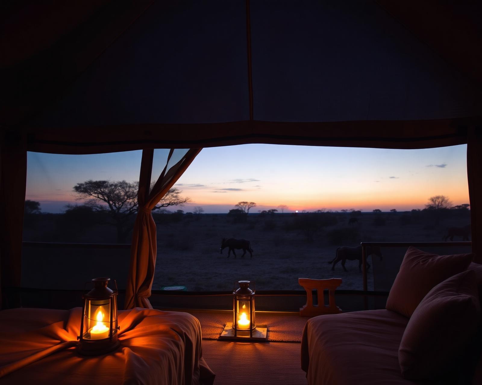 Warm safari tent at dusk